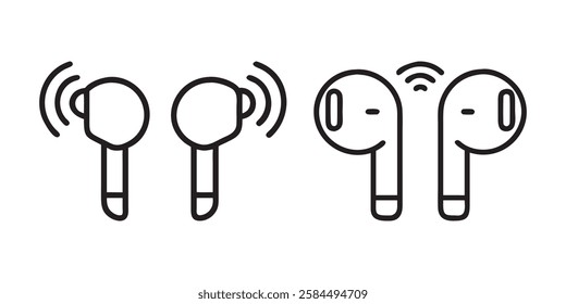 black line art illustration of wireless earbuds icons set