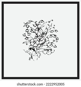 Black line art isolated hand drawn flowers vector for greeting card wedding invitation. Freehand sketching illustration.