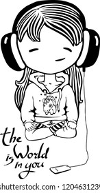 Black line art isolated on white background. Cute teen girl listens to music in big headphones and meditates