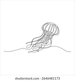 Black line art jellyfish floating on wavy water sea creature
