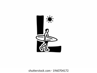 Black line art of L initial letter with surfer shape