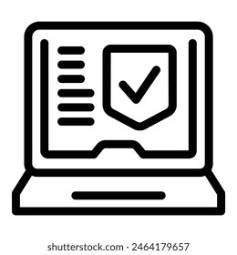 Black line art of a laptop with a shield on screen depicting cybersecurity