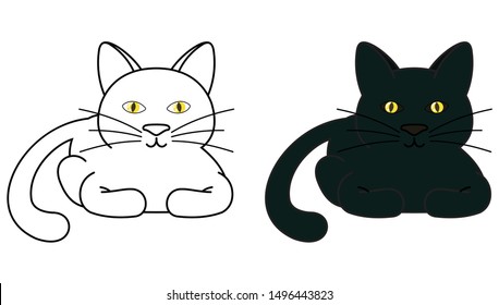 Black and line art laying down (front) cat cartoon on white background