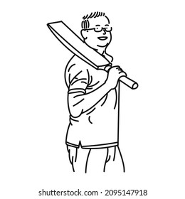 black line art man posing cricket playing style