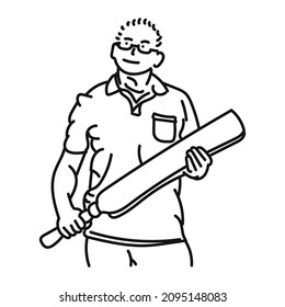 black line art man posing cricket playing style