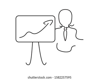 Black line art man with tie and presentation board with arrow on White background