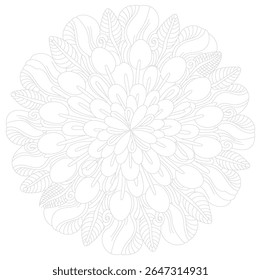 Black line art mandala featuring a detailed floral design with leaves and a circular pattern on a white background. The style is intricate and symmetrical.