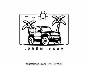 Black line art of off road car and coconut trees design