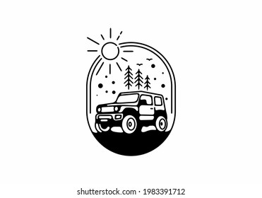 Black line art of offroad car in oval shape design