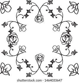 Black line art on white background, leaves and flower frame elegant. Vector