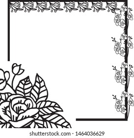 Black line art on white background, design plants leaf flower frame. Vector