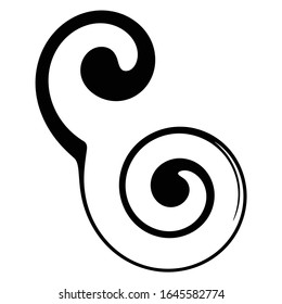 Black line art ornament, spiral tatoo design element, monochrome vector abstract shape, isolated 