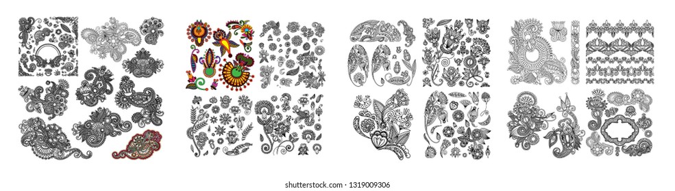 black line art ornate flower design collection, ukrainian ethnic style