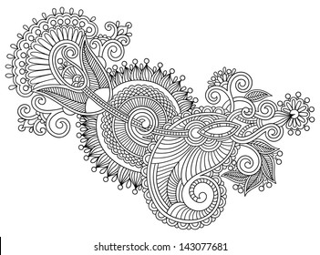 black line art ornate flower design, ukrainian ethnic style