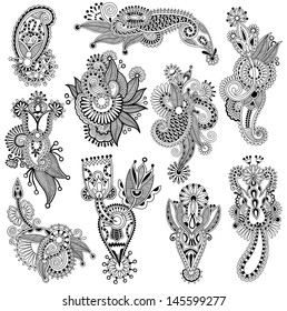 black line art ornate flower design collection, ukrainian ethnic style, autotrace of hand drawing