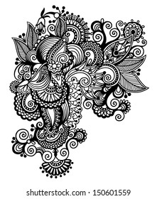 black line art ornate flower design, ukrainian ethnic style, autotrace of digital drawing