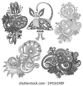 black line art ornate flower design collection, ukrainian ethnic style