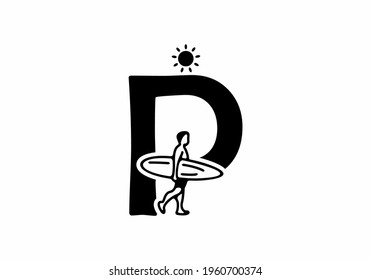 Black line art of P initial letter with surfer shape