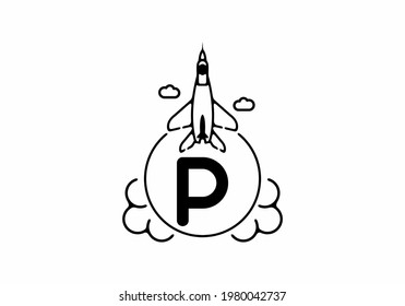 Black line art of P initial letter with flying jet design