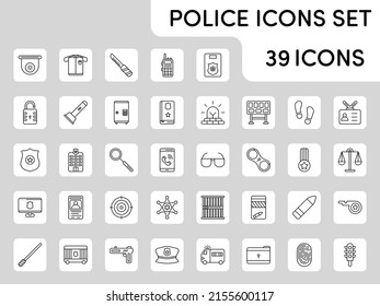Black Line Art Police Icon Set In Flat Style.