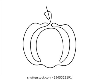 Black Line art of pumpkin drawn with single continuous line isolated on a white background. Concept of minimalism, autumn harvest, Halloween decoration, Thanksgiving symbol, and botanical art