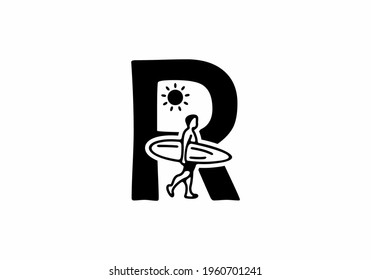 Black line art of R initial letter with surfer shape