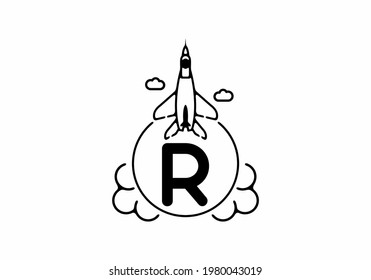 Black line art of R initial letter with flying jet design
