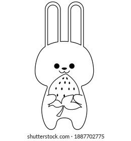 Black line art rabbit hugging strawberry isolated on a white background. Flat design for poster or t-shirt. Vector illustration