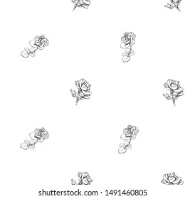Black line art rose flower seamless. Floral pattern on white background. Vector hand drawn illustration.