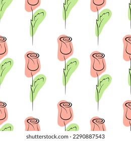 Black line art roses upon red and green abstract shapes on white background. Vector seamless pattern. Best for textile, wallpapers, wrapping paper, package and your design.