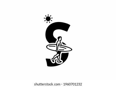 Black line art of S initial letter with surfer shape