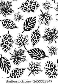 Patrón inconsútil del arte de la línea negra con las hojas del otoño y los estampados animales planos gráficos en el diseño de Fondo de pantalla del cartel de moda del otoño del fondo blanco