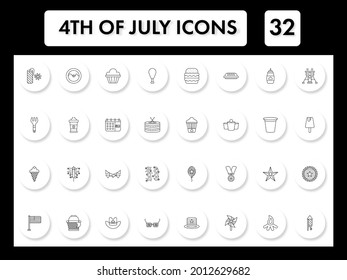 Black Line Art Set of 4th July Icon In Flat Style.