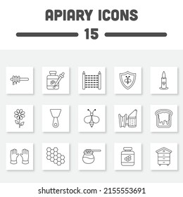 Black Line Art Set Of Apiary 15 Icons In Flat Style.