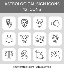 Black Line Art Set Of Astrological Symbols Icons On Grey Sqaure Background.