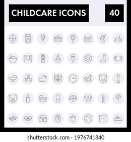 Black Line Art Set of Childcare Icon In Flat Style.
