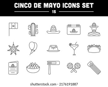 Black Line Art Set Of Cinco De Mayo Icons.