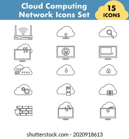 Black Line Art Set Of Cloud Computing Network Icon In Flat Style.