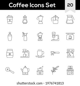 Black Line Art Set of Coffee Icon In Flat Style.