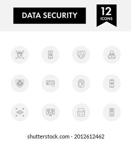 Black Line Art Set of Data Security Icon In Flat Style.