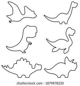 Black line art set of dinosaurs isolated on white background. Flat design for poster or t-shirt. Vector illustration