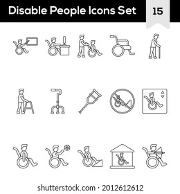 Black Line Art Set of Disable People Icon In Flat Style.
