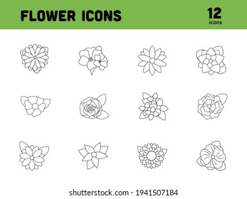 Black Line Art Set of Flower Icon In Flat Style.
