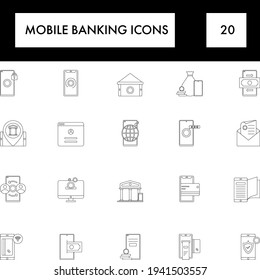 Black Line Art Set of Mobile Banking Icon In Flat Style.