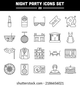 Black Line Art Set Of Night Party Icons In Flat Style.