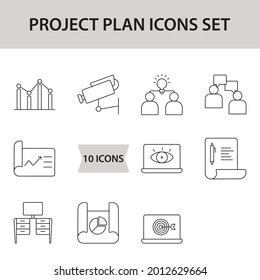 Black Line Art Set of Project Icon In Flat Style.