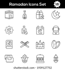 Black Line Art Set of Ramadan Icon In Flat Style.