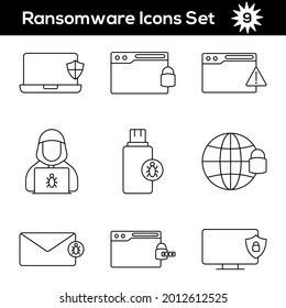Black Line Art Set of Ransomware Icon In Flat Style.