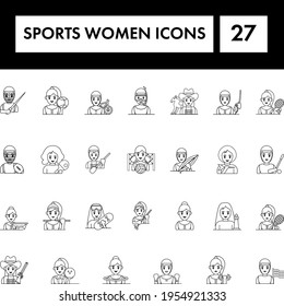 Black Line Art Set of Sports Women Icon In Flat Style.