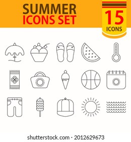 Black Line Art Set of Summer Icon In Flat Style.
